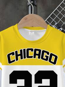 两件套男童美式篮球服套装，黄白撞色设计，CHICAGO32 印花，短袖上衣和短裤，运动休闲街头风，适合上学、运动、日常穿着、暑假等场合。 - 彩色 - 查看 5