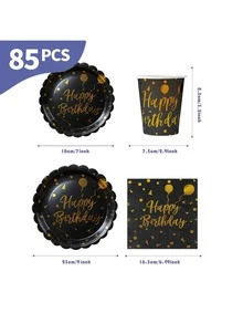 Black Base Gold Birthday Balloon Petal Disposable Plates, Napkins And Cups Set, Serves 20 Guests. This Disposable Party Supplies Set (Including Plates, Napkins And Cups) Is Perfect For Birthday Parties, Weddings And Family Picnics. - View 10