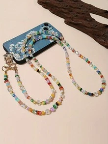 Pingente de contas de pedra multicoloridas em formato de cubo, alça transversal para capas de celular, anti-perda. - Multicolorido - Ver 5