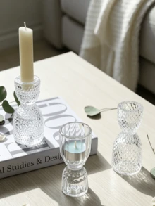 Haus Hana 1pc Embossed Glass Candle Holder, European Style Clear Tealight Stand, Light Luxury Home Decor For Living Room, Dining Table, Mantel, Shelf, Romantic Ambiance For Wedding, Party, Dinner - multicolor - View 4