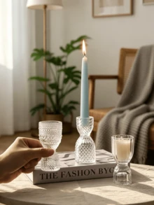 Haus Hana 1pc Embossed Glass Candle Holder, European Style Clear Tealight Stand, Light Luxury Home Decor For Living Room, Dining Table, Mantel, Shelf, Romantic Ambiance For Wedding, Party, Dinner - multicolor - View 2