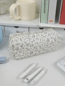 1 Buah Tempat Pensil Motif Bunga Biru Tua, Kanvas Sederhana Multifungsi Kapasitas Besar, Tas Penyimpanan Alat Tulis untuk Perlengkapan Sekolah, Kantor, Perjalanan, dan Rumah - 10803 - View 3