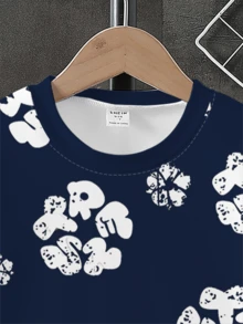 1 Set Conjunto de camiseta blanca con estampado floral y pantalones cortos de niño, estilo casual y de moda, uso diario cómodo, estilo casual de calle de verano - Multicolor - Ver 7
