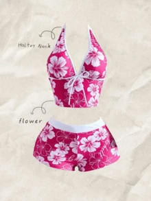 Bellisia Bộ đồ hai mảnh phối màu họa tiết hoa gợi cảm dành cho nữ, phù hợp cho các lễ hội âm nhạc châu Âu và Mỹ, tiệc bãi biển mùa xuân/hè, trang phục nghỉ hè táo bạo và phá cách. - Hồng - Xem 2