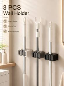 1/3pcs Wall Mounted Mop And Broom Holder, Contemporary Style Plastic Organizer Clamp, No-Drill Strong Adhesive Storage Solution For Bathroom And Kitchen, Utility Hooks - Multicolor - View 1