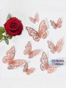 12Pcs/24Pcs Hollow Butterfly Wall Decals 3D Butterflies Stickers DIY Removable PVC Refraction Shiny Gold Silver Rose Gold Multicolor Art Decor For Girls Bedroom Wedding Decoration Living Room Home Decor - Rose Gold - View 1