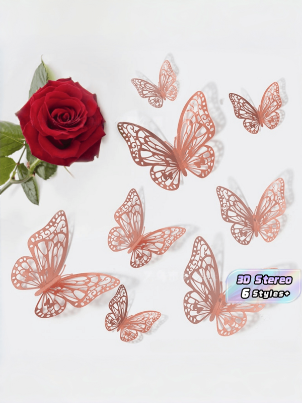 12 Peças/24 Peças Adesivos de Parede Borboletas Ocas 3D, Adesivos de Borboletas DIY Removíveis, Decoração de Arte Multicolorida em Ouro Brilhante, Prata e Rosa Dourado para Quarto de Meninas, Decoração de Casamento, Sala de Estar, Decoração Doméstica