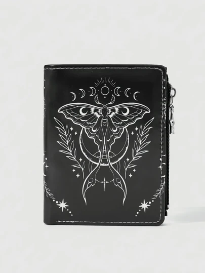 ROMWE Fairycore 1 Stück Gothic Hexenkunst Mondlicht Motte Geldbörse - Himmlische Mondphasen Bedruckung Doppel-Falten Geldbörse, mit Stern Anhänger kreatives Design Muster Pentagramm Reißverschluss Münztasche, lässige Mode Kartentasche
