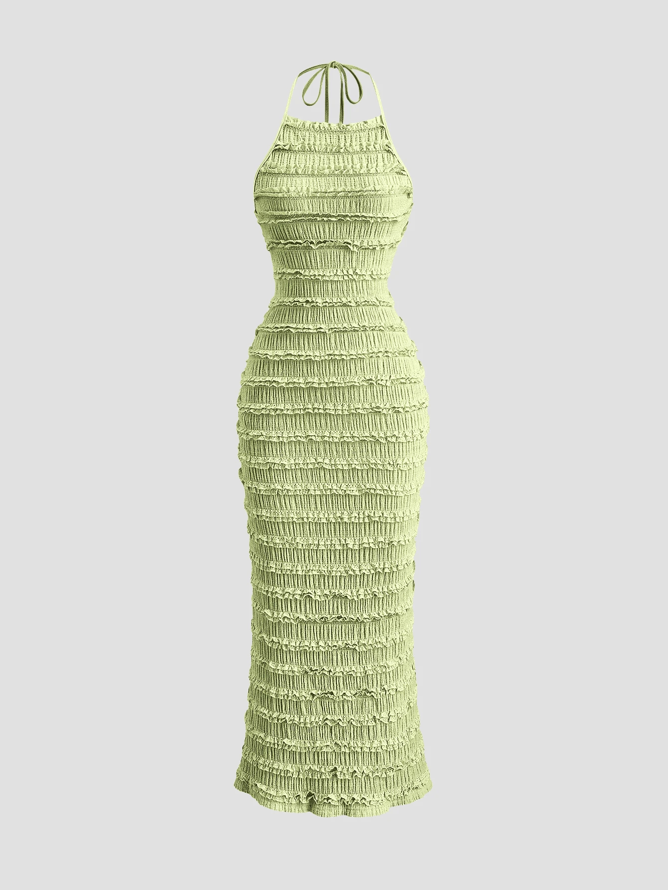 Sweetra 女士浅黄色褶皱蕾丝长裙,浪漫性感度假风,春夏款 - Limelight Green - 查看 1