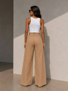 Pantalón gabardina wide leg bolsas parche - Camel - Ver 3