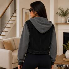 Demin Jacket, With Sweatshirt Sleeves And Cap, Removable Hat, Black Color - negro - View 2