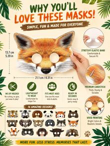 superFUNNYmarket Un set de (16 piezas) máscaras de papel con diseños de animales de dibujos animados, máscaras temáticas para juegos de rol en parques de vida silvestre, fiestas de cumpleaños, eventos con temática de zoológico, accesorios de vestir para varios animales de la selva (leones, tigres, pandas, zorros, elefantes, jirafas), sets de máscaras de papel desechables para Halloween, juegos deportivos, obras escolares, photocalls, regalos para fiestas - Multicolor - Ver 3
