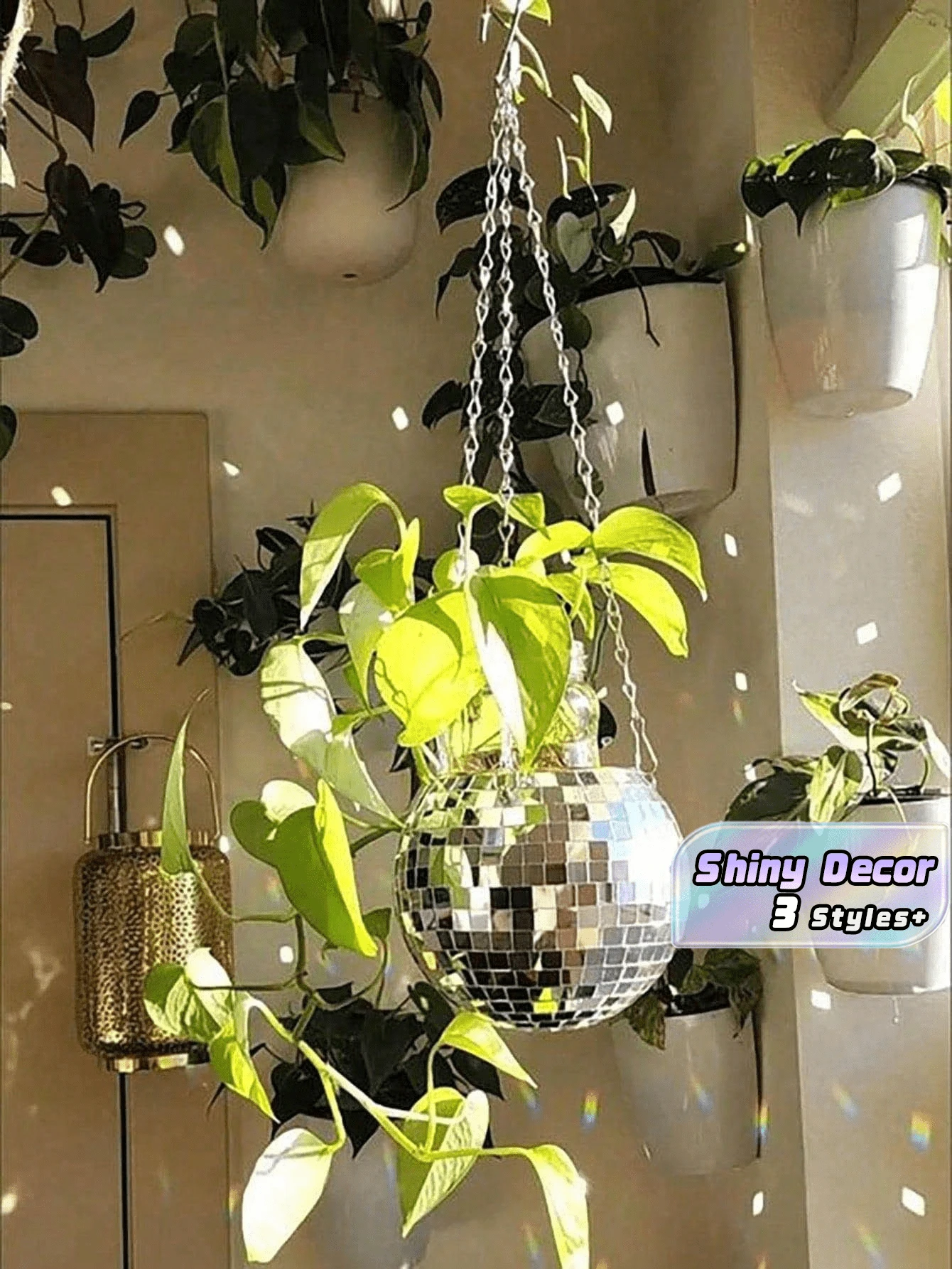 1个迪斯科球花盆,悬挂式镜面球形塑料花盆园艺篮,闪亮反光,独特,适合节日家居房间墙面装饰、生日毕业礼物,引人注目,室内外皆宜 - 銀色 - 查看 1