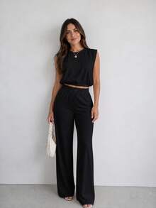 Set Of Two-Piece Sleeveless Short Top, Wide Pants For Summer. - 黑色 - 查看 2