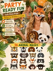 superFUNNYmarket Un set de (16 piezas) máscaras de papel con diseños de animales de dibujos animados, máscaras temáticas para juegos de rol en parques de vida silvestre, fiestas de cumpleaños, eventos con temática de zoológico, accesorios de vestir para varios animales de la selva (leones, tigres, pandas, zorros, elefantes, jirafas), sets de máscaras de papel desechables para Halloween, juegos deportivos, obras escolares, photocalls, regalos para fiestas - Multicolor - Ver 6