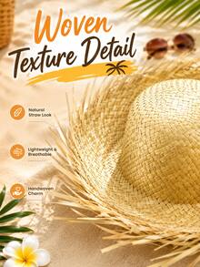 superFUNNYmarket Natural Straw Mexican Party Hat, Wide-Brimmed Decorative Sun Hat, Bohemian Handwoven Mesh Hat For Men And Women, Stylish Beach Accessory, Carnival, Hawaiian Party, Halloween, Clothing, Summer Vacation, Outdoor Activities, Festival Celebrations, Festivals, Photography, Cosplay, Aesthetic Room Decor, Party Preferences, Costume Props, Sun Hat, Festival Birthday Gifts(Handmade Works, With Slight Differences In Physical Objects) - Multicolor - View 4