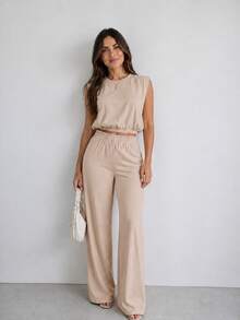 Set Of Two-Piece Sleeveless Short Top, Wide Pants For Summer. - Arena - View 2