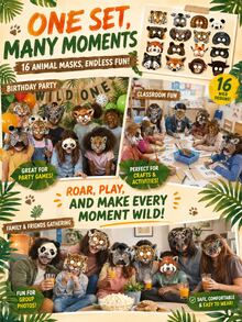 superFUNNYmarket Un set de (16 piezas) máscaras de papel con diseños de animales de dibujos animados, máscaras temáticas para juegos de rol en parques de vida silvestre, fiestas de cumpleaños, eventos con temática de zoológico, accesorios de vestir para varios animales de la selva (leones, tigres, pandas, zorros, elefantes, jirafas), sets de máscaras de papel desechables para Halloween, juegos deportivos, obras escolares, photocalls, regalos para fiestas - Multicolor - Ver 7