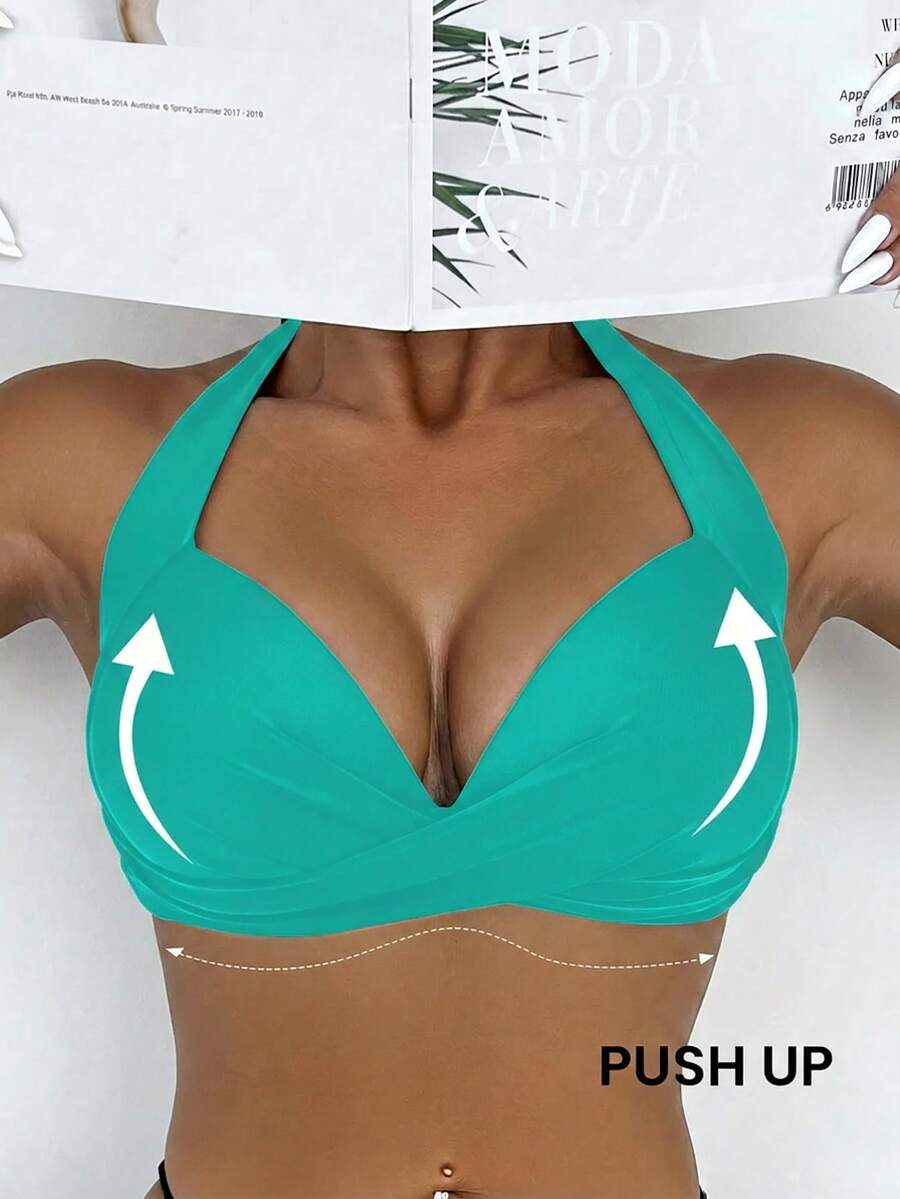 SHEIN Swim 适合夏季海滩的纯色吊带露背性感比基尼上衣 - 綠色 - 查看 1