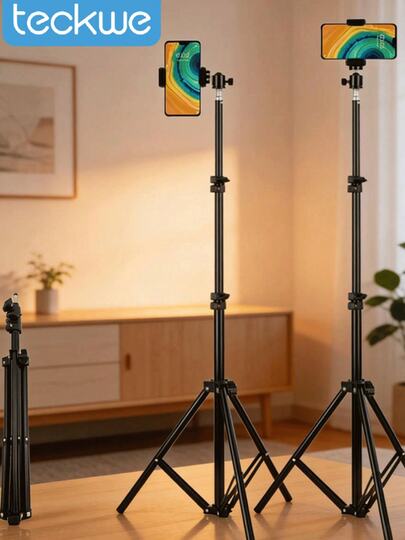 Teckwe Chân đế tripod đứng cao 160cm với đầu xoay nghiêng và giá đỡ điện thoại, tương thích với iPhone và Android. Thích hợp cho livestream, vlog, họp mặt gia đình, chụp ảnh tiệc Giáng sinh, chụp ảnh selfie cầm tay, hoạt động ngoài trời, phỏng vấn. Tương thích với iPhone và Android cho kỳ nghỉ hè, du lịch, chiếu sáng phụ, hoạt động ngoài trời, gậy selfie livestream.