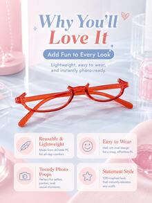 Joivida 1Pc Japanese Style Half-Rimless Oval Eyeglasses, No-Lens Decorative Glasses For Cosplay, Multiple Colors Available (Red, Green, Tea), Anime & Y2K - Multicolor - View 9