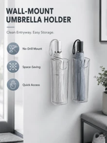 Haus Hana No Drill Wall-Mounted Umbrella Storage Holder, Multi-Purpose Long Tube Organizer For Kitchen, Fridge, Entryway, Clear Ribbed Plastic Caddy, Space-Saving Storage Bin For Utensils, Chopsticks, Plastic Bags, Disposable Supplies, Foldable Umbrellas - Multicolor - View 5