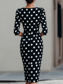SHEIN LUNE 女士优雅休闲黑白波点中长修身连衣裙 - 黑色 - 查看 2