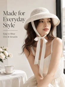 Muroi Mono Elegant French Retro Style Lace Sun Hat, Solid Color Flat Top Bridal Fascinator Hat, Hollow Out Lightweight Mesh Ribbon Hat With Adjustable Chin Strap - Multicolor - View 6