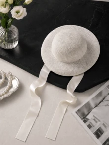 Muroi Mono Elegant French Retro Style Lace Sun Hat, Solid Color Flat Top Bridal Fascinator Hat, Hollow Out Lightweight Mesh Ribbon Hat With Adjustable Chin Strap - Multicolor - View 3