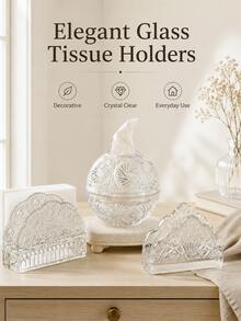 Haus Hana 1Pc Clear Embossed Glass Napkin Holder, Vintage Crystal Style Fan Shell Tissue Paper Rack, Transparent Tabletop Napkin Storage Stand For Dining Table, Kitchen Counter, Bathroom Vanity, Restaurant, Cafe, Wedding Party, Home Decor Gift - Multicolor - View 5