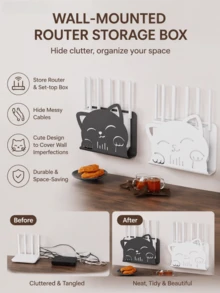 Haus Hana Cute Cat Shaped Wall-Mounted WiFi Router Storage Box, Hollow Out Ventilated Organizer, Cable Management Shelf For Modem, Set-Top Box, Power Strip, Easy Installation, Great For Home, Living Room, Bedroom, Office.Home&Living - Multicolor - View 4