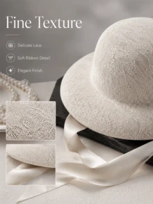 Muroi Mono Elegant French Retro Style Lace Sun Hat, Solid Color Flat Top Bridal Fascinator Hat, Hollow Out Lightweight Mesh Ribbon Hat With Adjustable Chin Strap - Multicolor - View 8