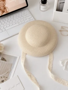 Muroi Mono Elegant French Retro Style Lace Sun Hat, Solid Color Flat Top Bridal Fascinator Hat, Hollow Out Lightweight Mesh Ribbon Hat With Adjustable Chin Strap - Multicolor - View 9