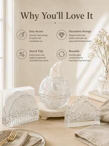 Haus Hana 1Pc Clear Embossed Glass Napkin Holder, Vintage Crystal Style Fan Shell Tissue Paper Rack, Transparent Tabletop Napkin Storage Stand For Dining Table, Kitchen Counter, Bathroom Vanity, Restaurant, Cafe, Wedding Party, Home Decor Gift - Multicolor - View 6