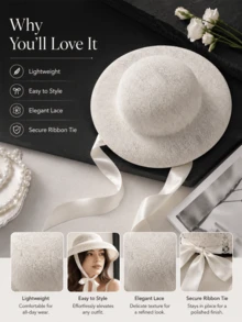 Muroi Mono Elegant French Retro Style Lace Sun Hat, Solid Color Flat Top Bridal Fascinator Hat, Hollow Out Lightweight Mesh Ribbon Hat With Adjustable Chin Strap - Multicolor - View 7