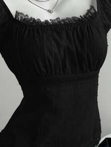 Elamini Áo kiểu nữ mùa hè phối ren jacquard cổ điển màu đen, tay ngắn, cổ Peter Pan ngọt ngào, thích hợp cho công sở, hẹn hò, du lịch. - màu đen - Xem 3