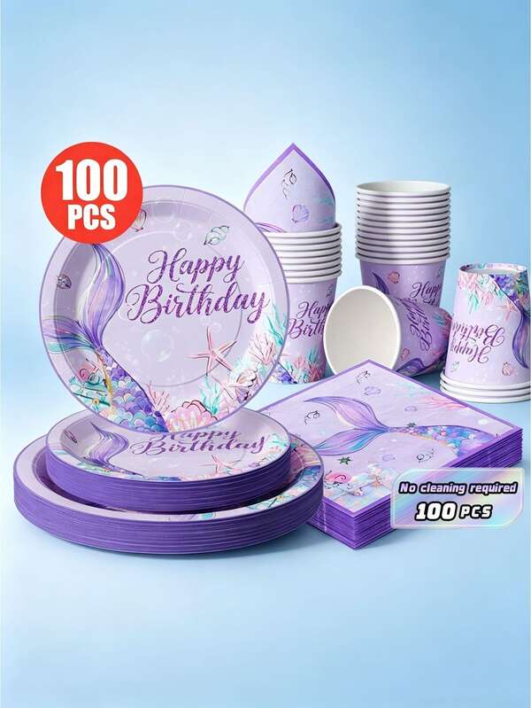 Happy Birthday Purple Mermaid Tail Disposable Plate, Napkin, And Cup, Disposable Party Supplies Set, Suitable For 25 Guests, Disposable Paper Plate Party Tableware Suitable For Birthday, Wedding Theme Parties, Family Picnics