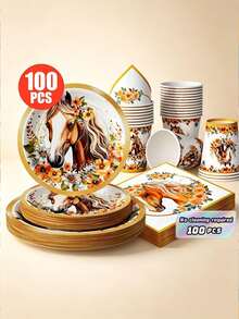 "Jinbian Huaduojunma Disposable Plates, Napkins, And Cups, Disposable Party Supplies Set, Suitable For 25 Guests, Disposable Paper Plates And Party Tableware Suitable For Birthday, Wedding Theme Parties, Family Picnics." - Multicolor - View 1