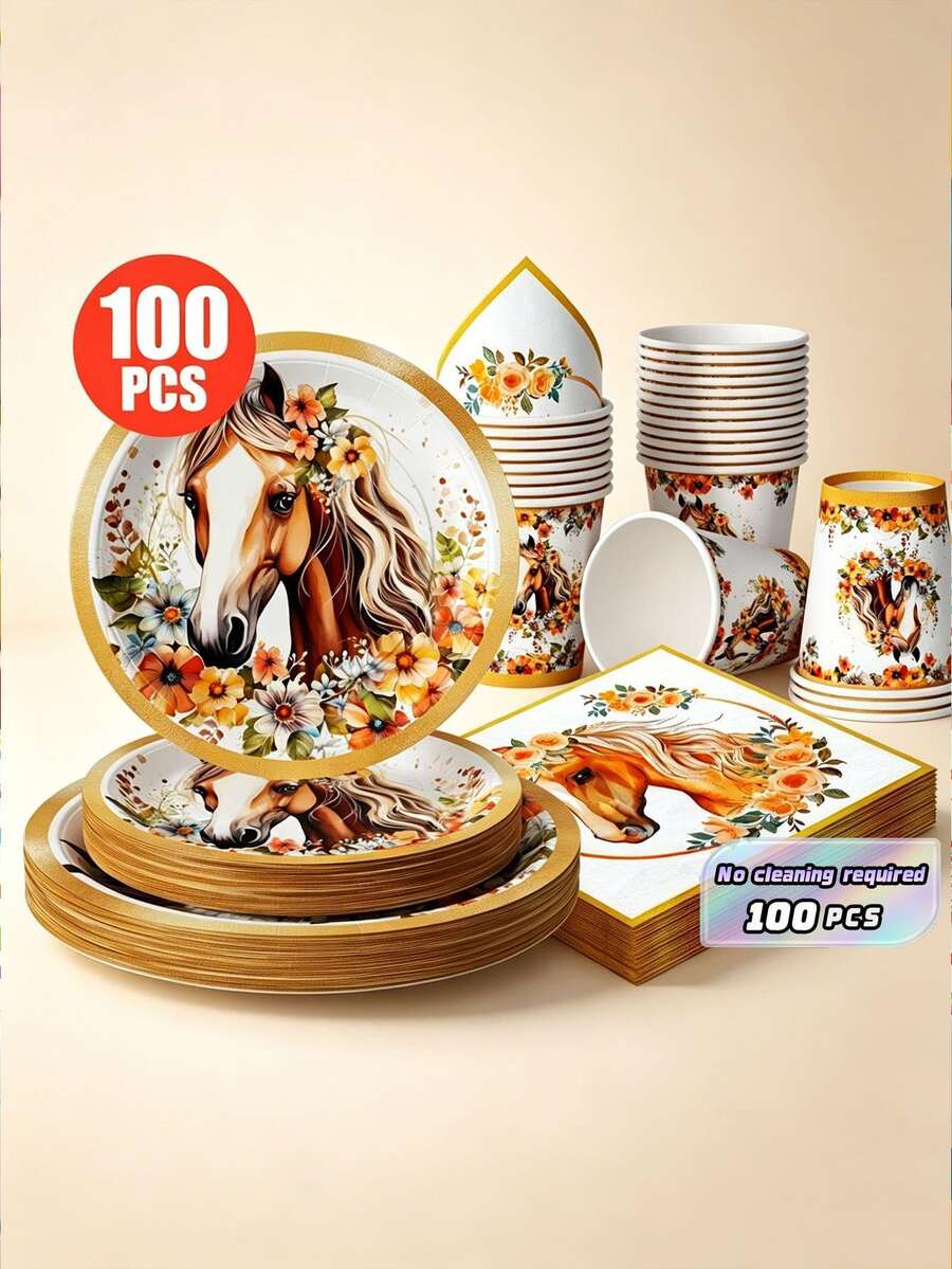"Jinbian Huaduojunma Disposable Plates, Napkins, And Cups, Disposable Party Supplies Set, Suitable For 25 Guests, Disposable Paper Plates And Party Tableware Suitable For Birthday, Wedding Theme Parties, Family Picnics." - Multicolor - View 1