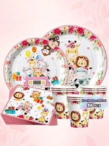 Platos, servilletas y vasos desechables con borde rosa y animales de la jungla, set de suministros para fiestas, sirve a 24 personas, vajilla de papel desechable para fiestas, adecuado para cumpleaños, bodas, fiestas temáticas, picnics familiares. - Ver 1
