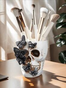 Gothic Skull And Butterfly Resin Storage Box - The Unique Engraved Design With Black Butterflies Makes It Perfect For Storing Makeup Brushes, Pencils Or Small Accessories. It Can Be Placed On A Vanity Table, Office Desk Or A Gothic-Style Corner. It Offers A Fashionable And Avant-Garde Storage Solution For Those Who Love Beauty And Alternative Home Decoration. - New Model - View 3