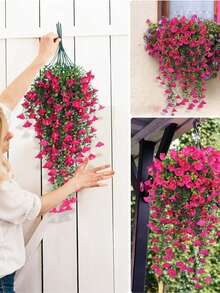 Juego de 4 piezas / 6 piezas / 8 piezas: Enredaderas de seda artificial verde y decoraciones de hojas de eucalipto. Resistente a los rayos UV para uso en exteriores. Adecuado para bodas, porches, salas de estar, paredes de oficinas, jardines, estanterías y decoración del hogar. - Color del loto rojo - Ver 2