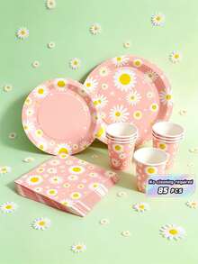 Pink Daisy Garden Disposable Plates, Napkins And Cups Set, Serves 20 Guests. This Disposable Party Set (Including Plates, Napkins And Cups) Is Perfect For Birthday Parties, Weddings And Family Picnics. - View 1