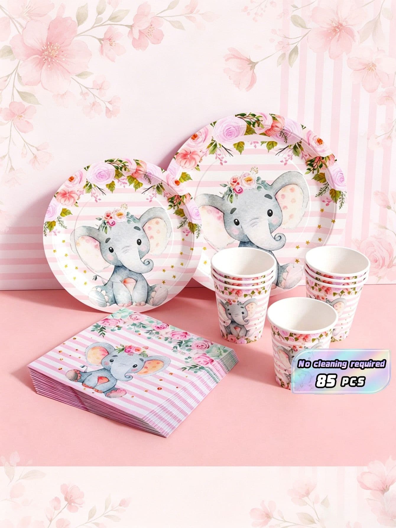 Pink Elephant & Flowers Disposable Plates, Napkins And Cups Set, Serves 20 Guests. This Disposable Party Set (Including Plates, Napkins And Cups) Is Perfect For Birthday Parties, Weddings And Family Picnics. - View 1