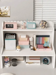 1 Pc Wood Plastic Sturdy Vertical White Desktop Shelf Organizer For Bedroom Living Room Office Study Books Stationery Figures Computer Storage Rack - White - View 5
