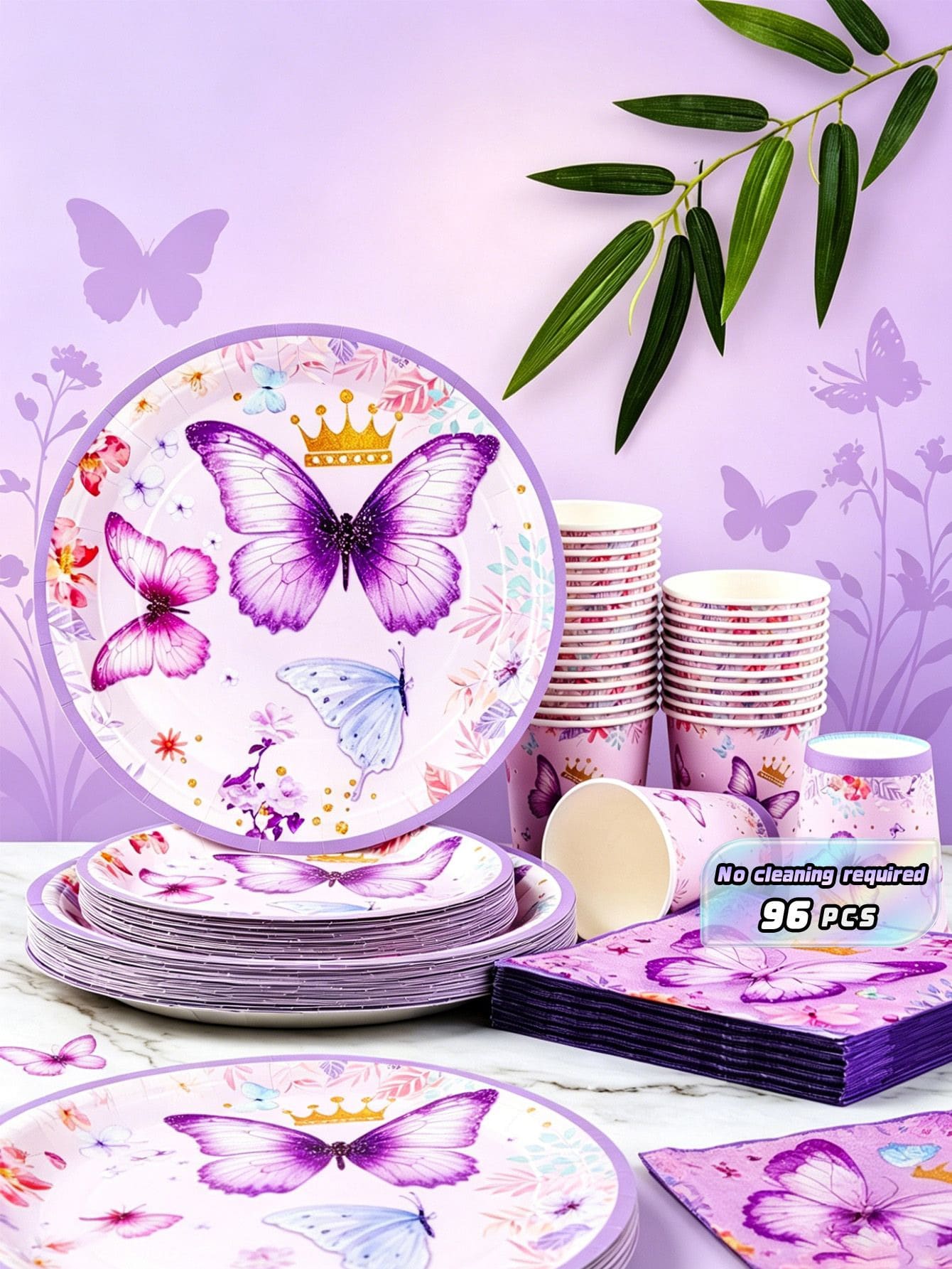 Juego desechable de platos, servilletas y vasos de papel con corona de mariposa morada, sirve para 24 invitados. Este juego de vajilla desechable de papel es adecuado para cumpleaños, bodas, fiestas temáticas y picnics familiares. - Ver 1