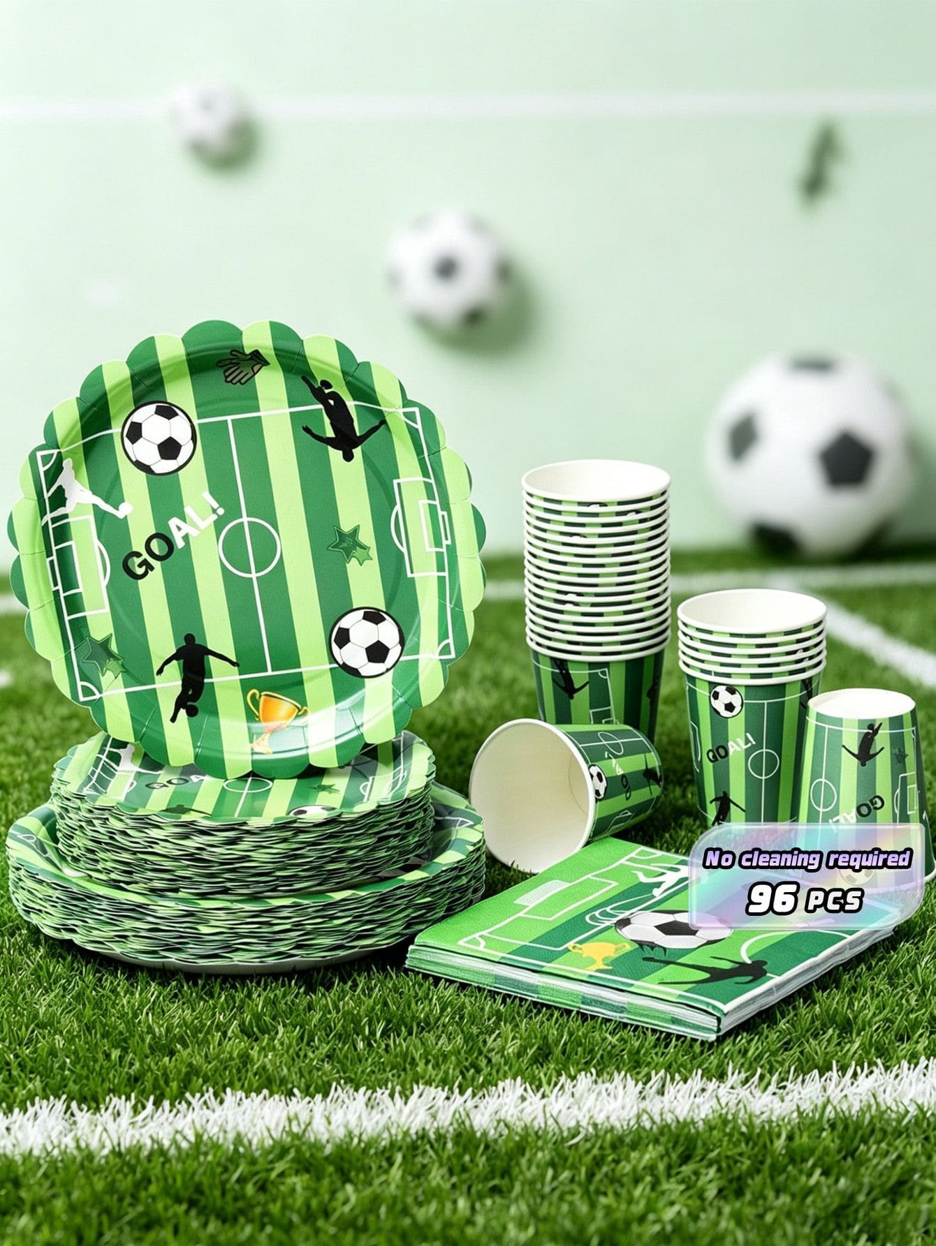 Green Background Football Petal Design Disposable Plates, Napkins And Paper Cups Party Set, Serves 24 Guests. This Disposable Paper Party Tableware Is Suitable For Birthdays, Weddings, Themed Parties And Family Picnics. - View 1