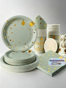 Birthday Balloon Disposable Tableware Set, 7/9 Inch Sage Green And Gold Disposable Plates, Paper Cups, And Paper Napkins Set, Disposable Paper Plates And Napkins For Birthday Parties, Suitable For Party Decorations And Napkins For Birthday Parties - Multicolor - View 1