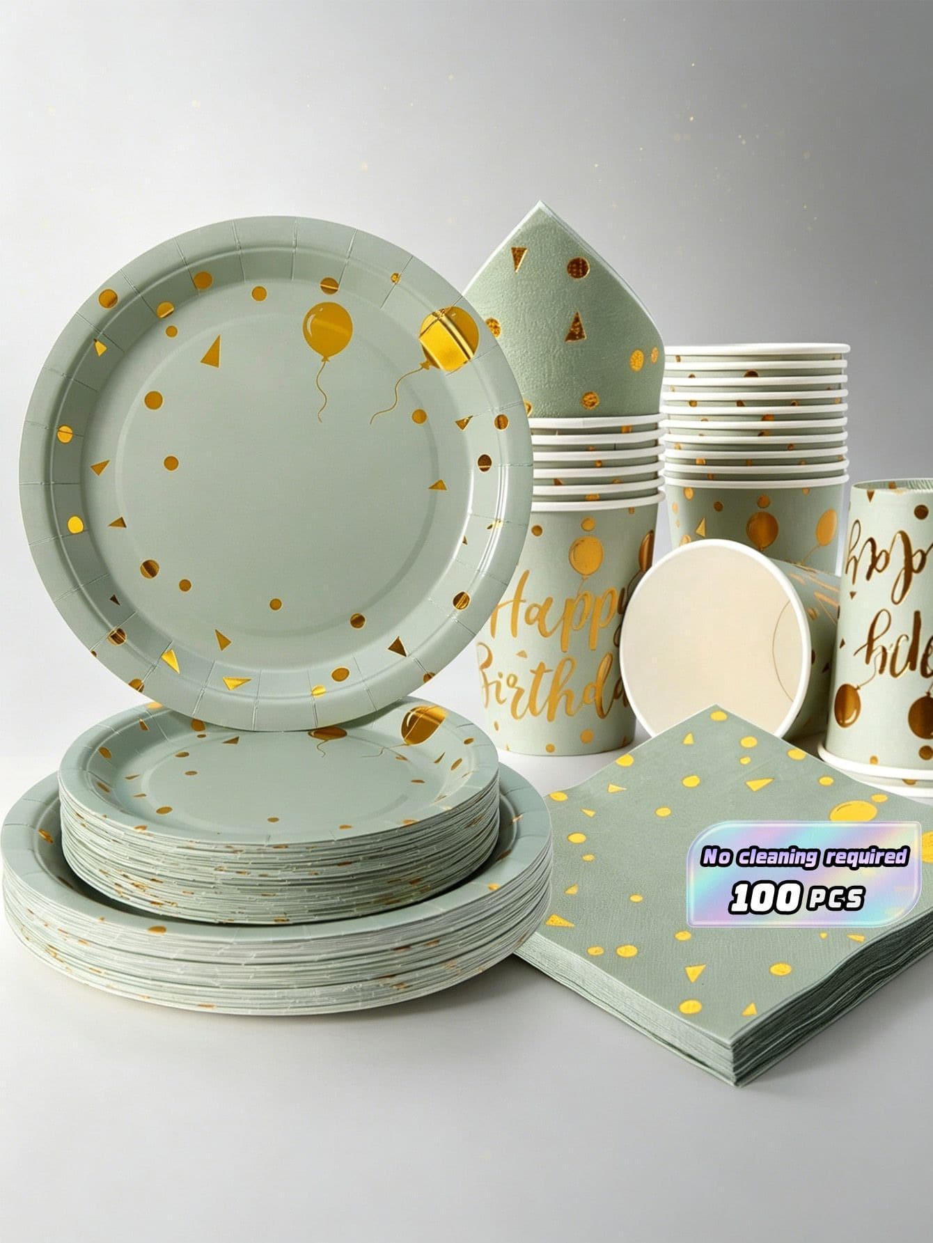 Birthday Balloon Disposable Tableware Set, 7/9 Inch Sage Green And Gold Disposable Plates, Paper Cups, And Paper Napkins Set, Disposable Paper Plates And Napkins For Birthday Parties, Suitable For Party Decorations And Napkins For Birthday Parties - Multicolor - View 1