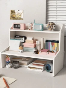 1 Pc Wood Plastic Sturdy Vertical White Desktop Shelf Organizer For Bedroom Living Room Office Study Books Stationery Figures Computer Storage Rack - White - View 4
